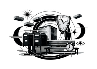 Obraz premium Surreal composition of urban elements with clocks and mailboxes
