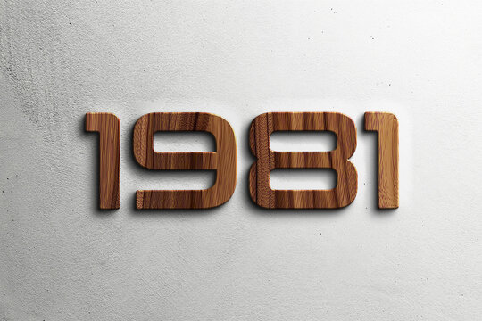 3D Wooden style Text Effect of number 1981 on white background.