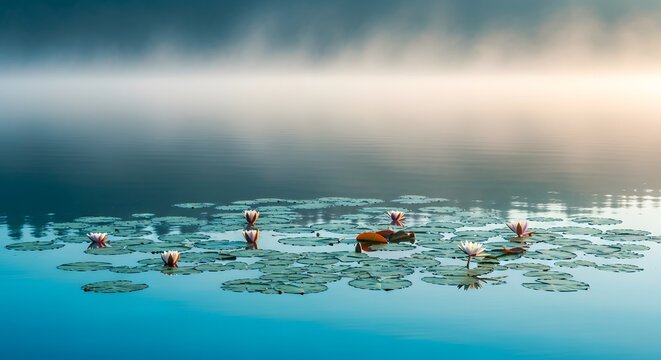 Group of frogs on water lilies.