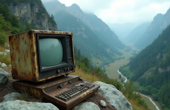 Old rusty computer sits on rocky mountain edge. Retro tech contrasts with vast green valley and misty peaks. Nature surrounds outdated hardware for a vintage tech feel.