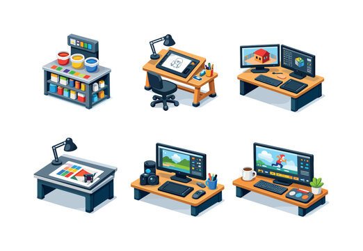 Collection of industrial safety and emergency equipment in isometric view
