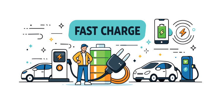 Electric vehicle charging station with fast charge technology and battery icon