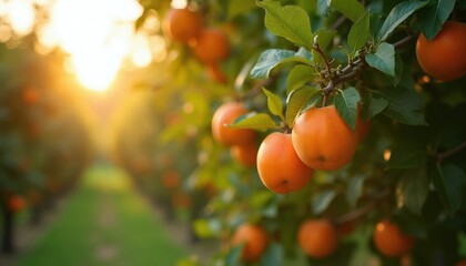 Naklejka premium Orange fruits grow on tree branches. Sun shines through green leaves on orchard path. Ripe apricots ripen in garden sunlight. Fresh nature harvest.