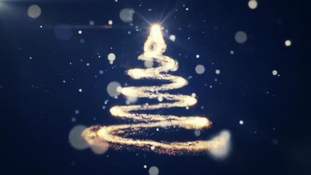 A luminous golden particle draws a radiant christmas tree outline on a deep blue cosmic background with cascading stardust and creamy bokeh. Magical christmas concept