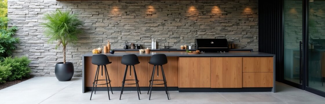 Modern outdoor kitchen with grill and bar stools. Stone wall backdrop complements wood cabinets. Space for cooking and dining alfresco. Inviting patio area for gatherings.