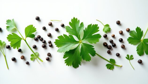 Green cilantro leaves and dark peppercorns arranged on a clean white background. Fresh herb and spice composition for culinary use. Healthy food preparation elements.