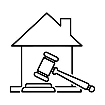 Real estate law and property auction icon with house outline and judge gavel property foreclosure building insurance