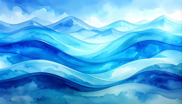 Abstract watercolor depiction of rolling blue ocean waves under a cloudy sky, evoking a sense of calm and fluidity