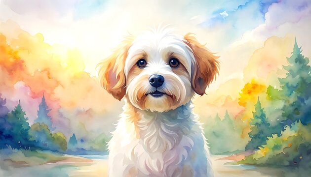 Adorable fluffy dog portrait, watercolor style, with soft pastel sky and pine trees, warm sunlight, gentle expression, cute pet, ideal for children's books or greeting cards
