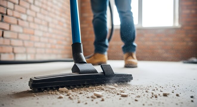 Worker cleaning construction dust from floor with industrial vacuum.