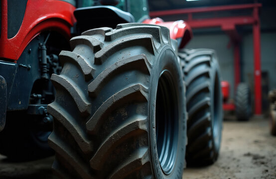 Close up on massive tractor tire treads. Heavy machinery with powerful wheels ready for farm work. Modern agriculture vehicle stands indoors. Rural industry equipment details.