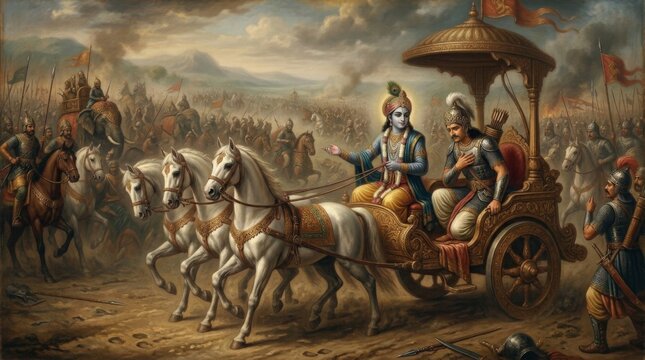 Krishna and Arjuna in conversation on the chariot, symbolizing divine guidance and duty in the Mahabharata.
