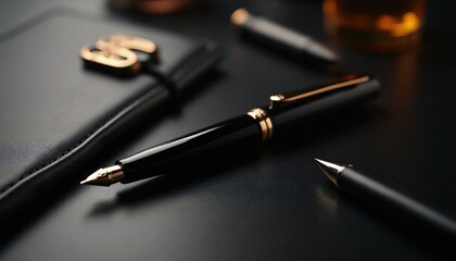 Naklejka premium Elegant black pen with gold trim rests on luxury desk next to leather notebook. Another pen and drink glass in background. Pro, upscale office setting.
