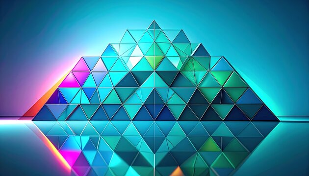 Abstract geometric pyramid structure made of iridescent triangles, reflecting on a glossy surface with vibrant neon lights, digital art concept for technology and design