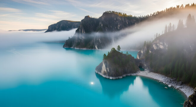 Serene foggy lake with island landscape.