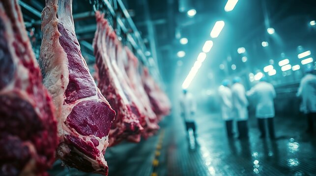 Beef carcasses hanging in meat processing plant with workers in background under bright industrial lighting
