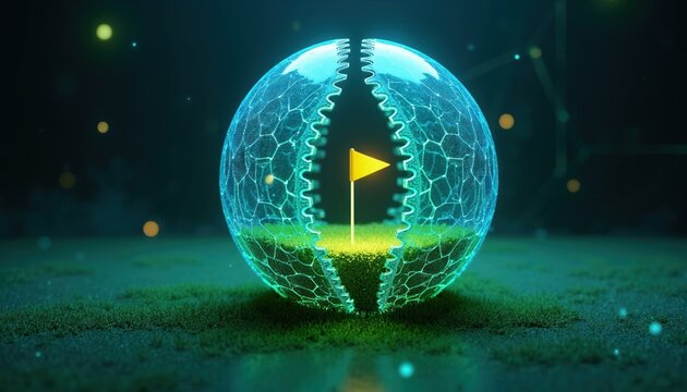 Futuristic golf ball sphere splits open revealing green grass golf hole and yellow flag. Cybernetic energy net surrounds mini golf course. Digital sphere contains artificial intelligence golf.