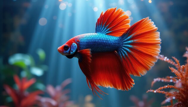 Vibrant betta fish with flowing fins swims in aquarium. Blue and red colors contrast with blurred aquatic plants and light rays. Peaceful underwater scene.