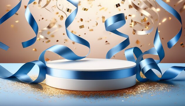 3d white podium with flowing blue silk ribbons and golden confetti on pastel background elegant circular platform with sparkling particles and floating streamers for celebration or product display