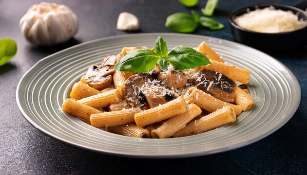 delightful rigatoni pasta dish with savory mushroom sauce fresh basil garnish and parmesan cheese served