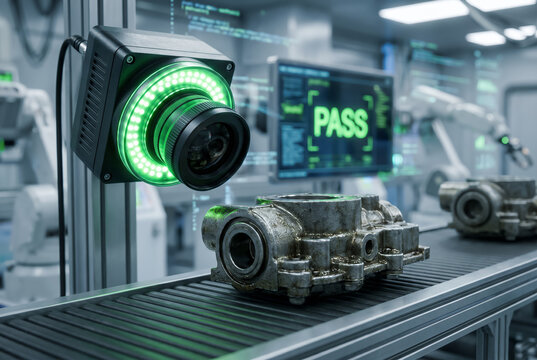 Automated industrial smart camera inspecting mechanical parts on conveyor belt. High precision quality control. Manufacturing production. Facility floor Automation technology. Industry 4.0 copy-space.