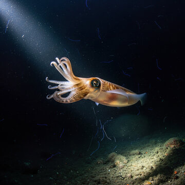 Cuttlefish swimming underwater with beam of light