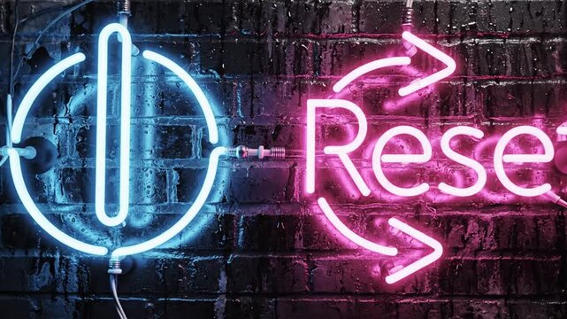 Blue Power Icon And Pink Reset Neon Sign Glowing And Flickering On A Dark Urban Brick Wall