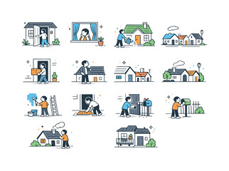 Collection of charming doodles depicting everyday life and home activities