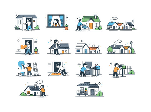 Collection of charming doodles depicting everyday life and home activities
