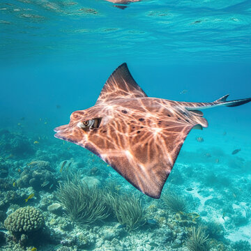 Eagle Ray Swimming Over Coral Reef in Clear Blue Ocean Water