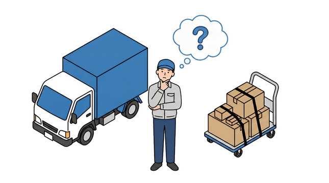 トラックと台車の荷物を前にして疑問を感じ悩み考える配送業の男性