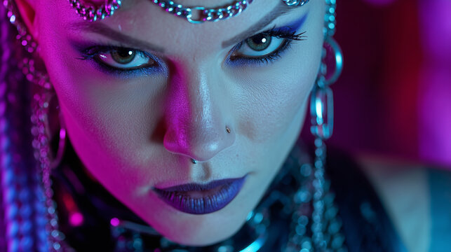 Cyber goth female portrait with dramatic neon lighting and metallic jewelry