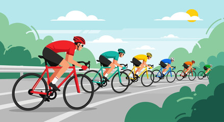 Fototapeta premium A group of cyclists race down a scenic road surrounded by lush green trees and a bright blue sky on a sunny day