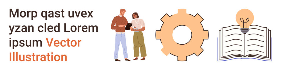 Education, teamwork, creativity, innovation, knowledge sharing, problem-solving. Pair of people working together, gear symbol open book with light bulb. Teamwork and creativity concept © robu_s