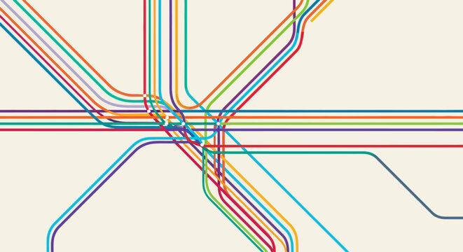 Abstract colorful lines forming a subway or transit map design on a neutral background, representing connectivity and movement