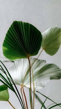 Lush green tropical licuala grandis palm fan leaves creating a clean, calm, and fresh botanical background, showcasing natural texture and minimalist design