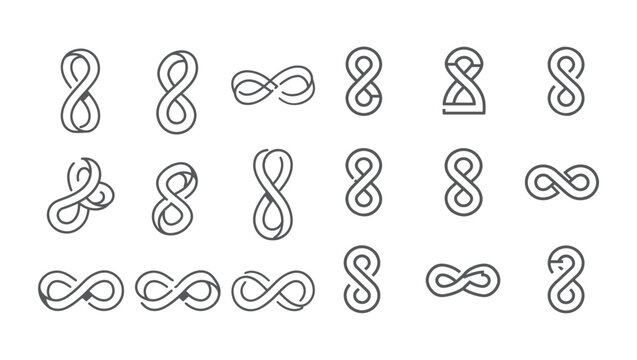 Large collection of hand drawn infinity symbols and endless loop icons for creative graphic design projects