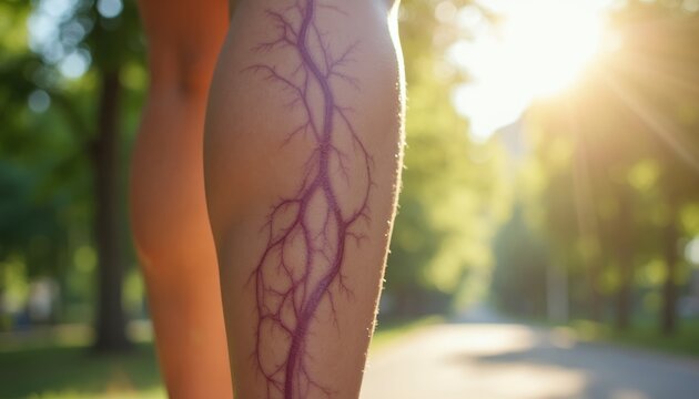 Close view of human leg showing visible purple spider veins under natural sunlight outdoors. This close-up captures skin condition on a pathway.