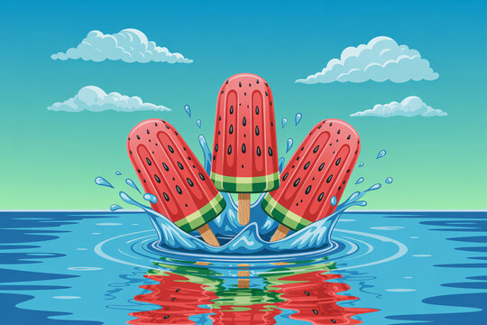 Watermelon ice cream popsicles splashing in ocean water on a sunny summer day