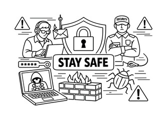 Fototapeta premium Cyber security concept with hacker, guard, and digital threats illustration