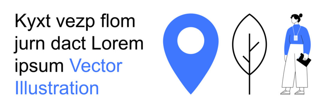 Navigation, location services, environmental concepts, modern design, mapping, minimalism. Geolocation pin, tree symbol and female figure in a modern style. Navigation and location services concept
