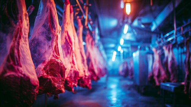 Hanging beef carcasses in modern meat processing plant with blurred workers and reflective factory floor