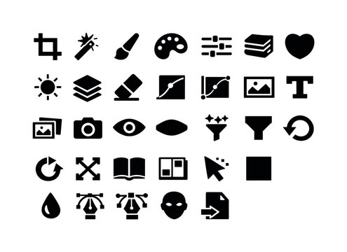 Collection of graphic design and photo editing icons for digital creative tools