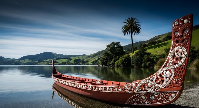Traditional Maori Waka Canoe on a Calm New Zealand Lake.
