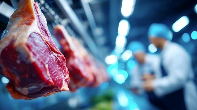 Beef carcasses suspended on conveyor line in meat processing plant with workers in sanitary clothing