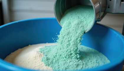 Naklejka premium Turquoise granular fertilizer pellets pour into blue tub with white powder. Agriculture plant food mixes for crop growth. Industrial farming supply.
