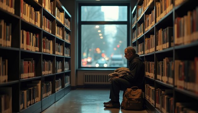 Man sits alone in library stacks near window overlooking city street. He holds blanket, has backpack by side. He seeks refuge from cold urban outdoors. Bookshelves line aisles.