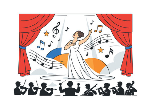 Opera singer performs on stage with orchestra and musical notes