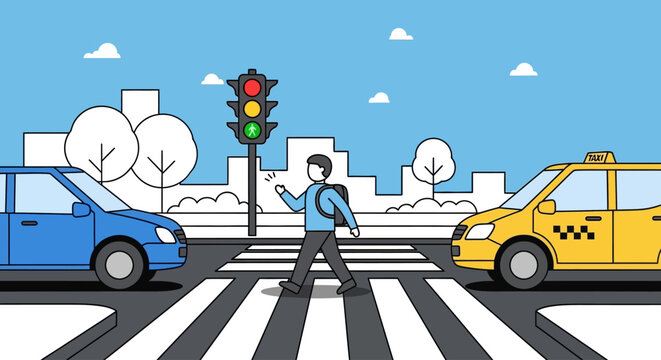 Pedestrian crossing a street with traffic lights and cars, illustration of urban life and road safety