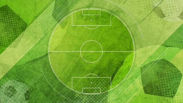 Concept soccer pitch background, top-down view with technical lines, halftone patterns, and green grunge texture. Sport motion design. Seamless loop. Video animation Ultra HD 4K 3840x2160